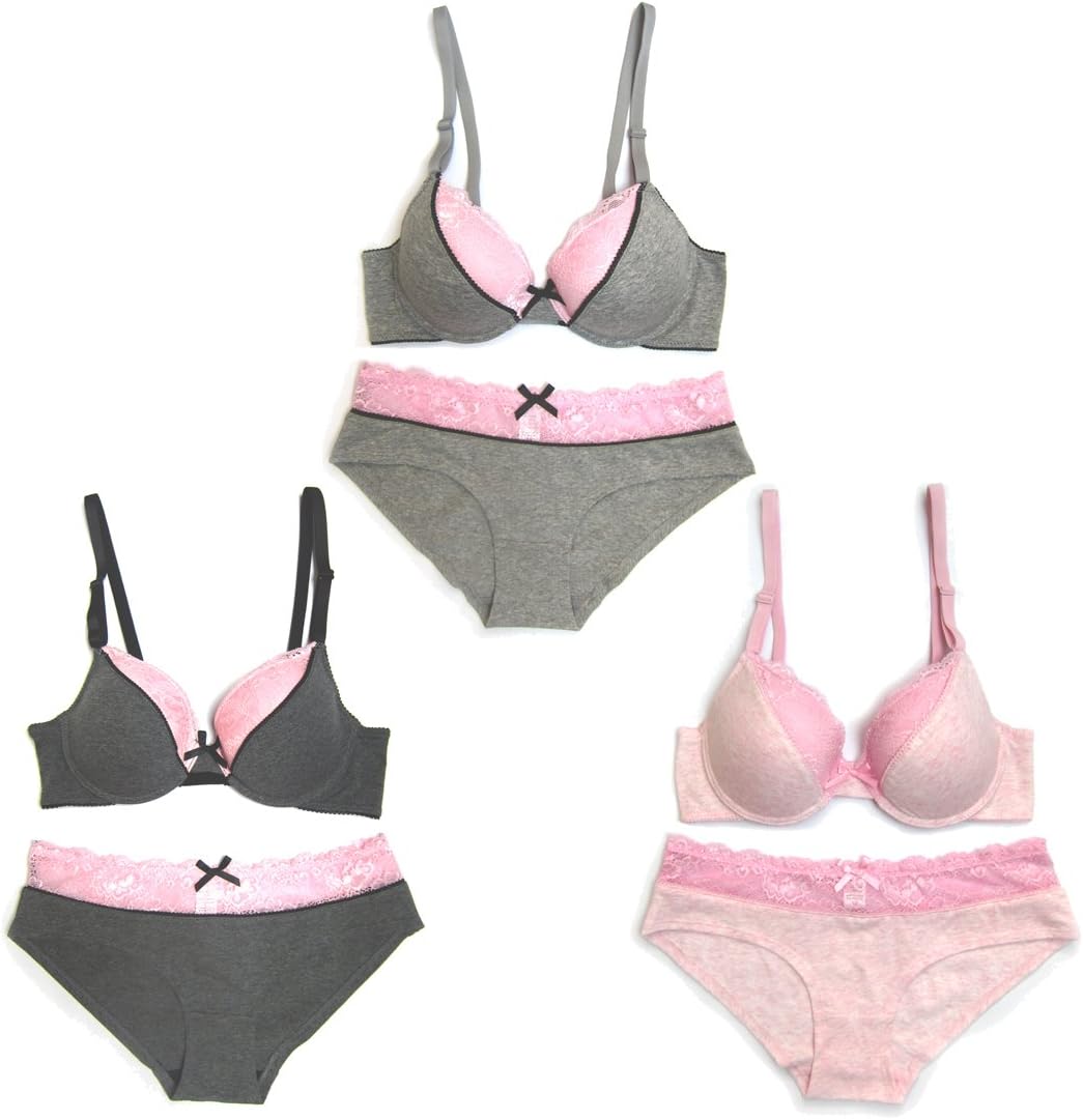 Le Ange Intimates Women 3 Pack Solid Color Lace Trim Bra Sets (36C/M)