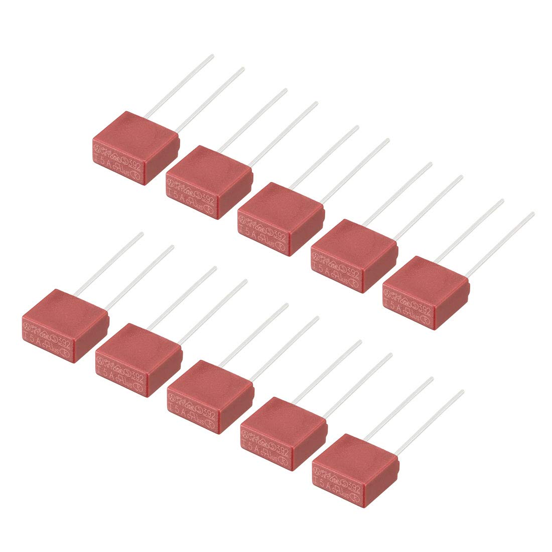 sourcing map 10Pcs DIP Mounted Miniature Square Slow Blow Micro Fuse T5A 5A 250V Red