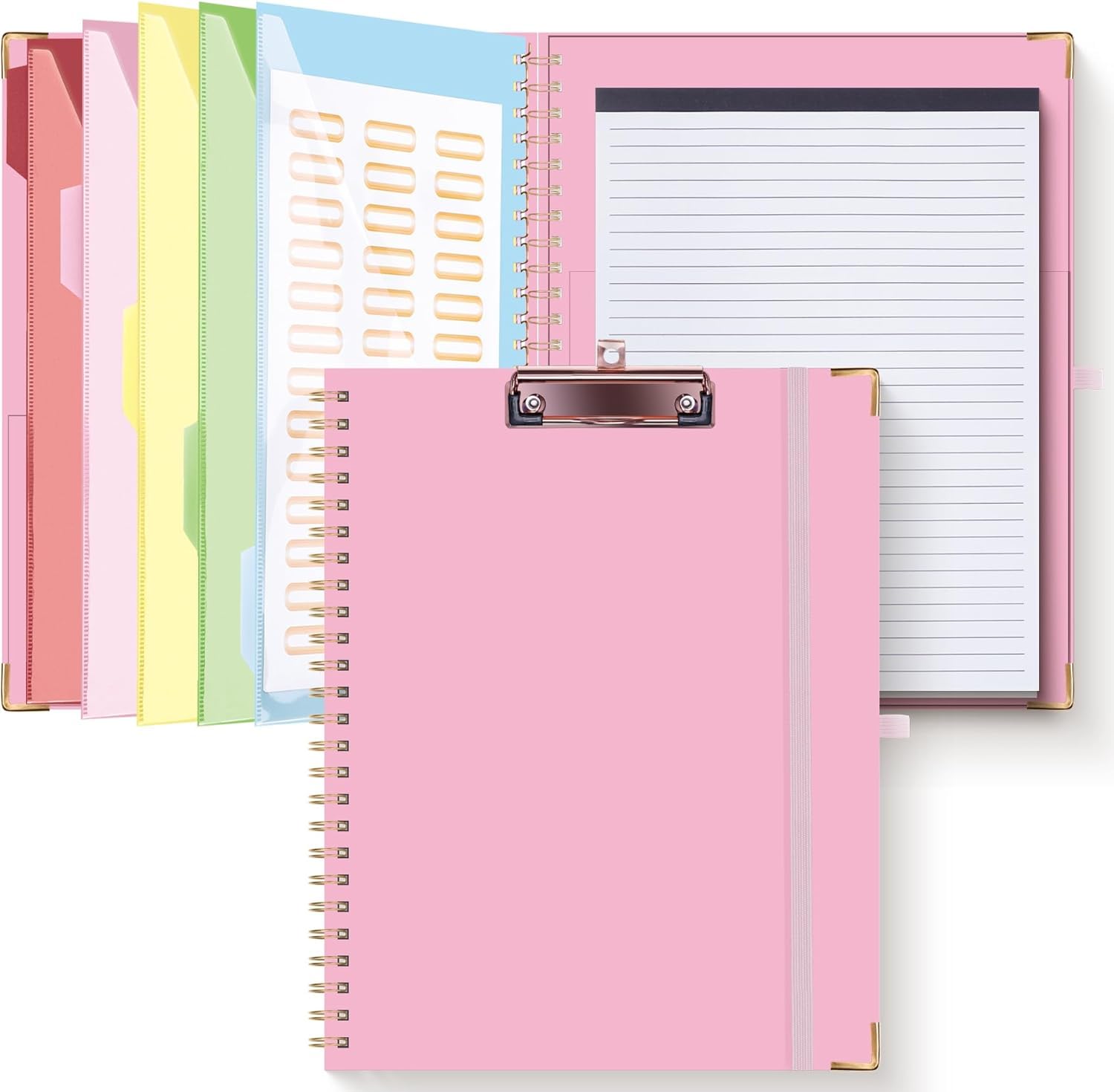 HAUTOCO Clipboard Folder with Replaceable Lined Notepad, Spiral Clipboard Folio A4 with 5 Folder Dividers Document Storage Pockets, Padfolio Organiser Folio Clip Board for Office School, Pink — image 1