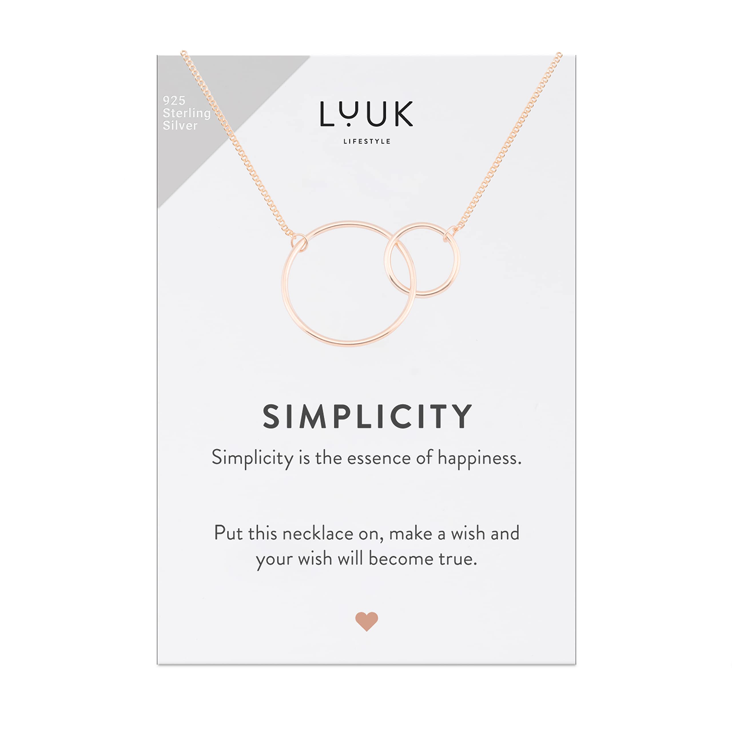 LUUK LIFESTYLE 925 sterling silver necklaces with lucky charm, pendant, SIMPLICITY gift card, daily wear, durable, hypoallergenic metal, summer trend, silver, gold, rosé (Two Rings, Rosegold)