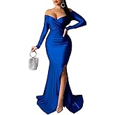 Vakkest Women's Off Shoulder Prom Evening Gowns Sexy High Split Maxi Dress Long Sleeve Cocktail Wedding Guest Dresses