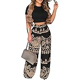 2 Piece Outfits for Women Short Sleeve Crop Top High Waist Wide Leg Long Pant Sets Tracksuit Sport Set
