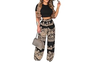 BFFBABY 2 Piece Outfits for Women Short Sleeve Crop Top High Waist Wide Leg Long Pant Sets Tracksuit Sport Set