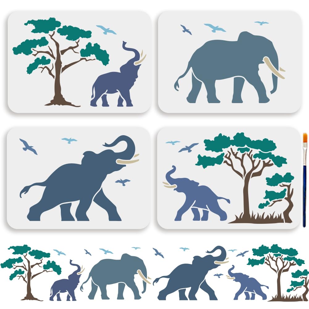 MAYJOYDIY 4pcs Elephant Jungle Reusable Stencil Set - A4 Size (29.7x21cm) - PET Material - Animal Theme - DIY Craft Canvas & Wall Art