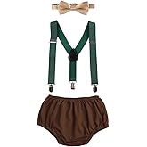 IWEMEK Baby Boys First Birthday Cake Smash Outfits Adjustable Clip Y Back Suspenders Bowtie Bloomers Diaper Cover Clothes Set