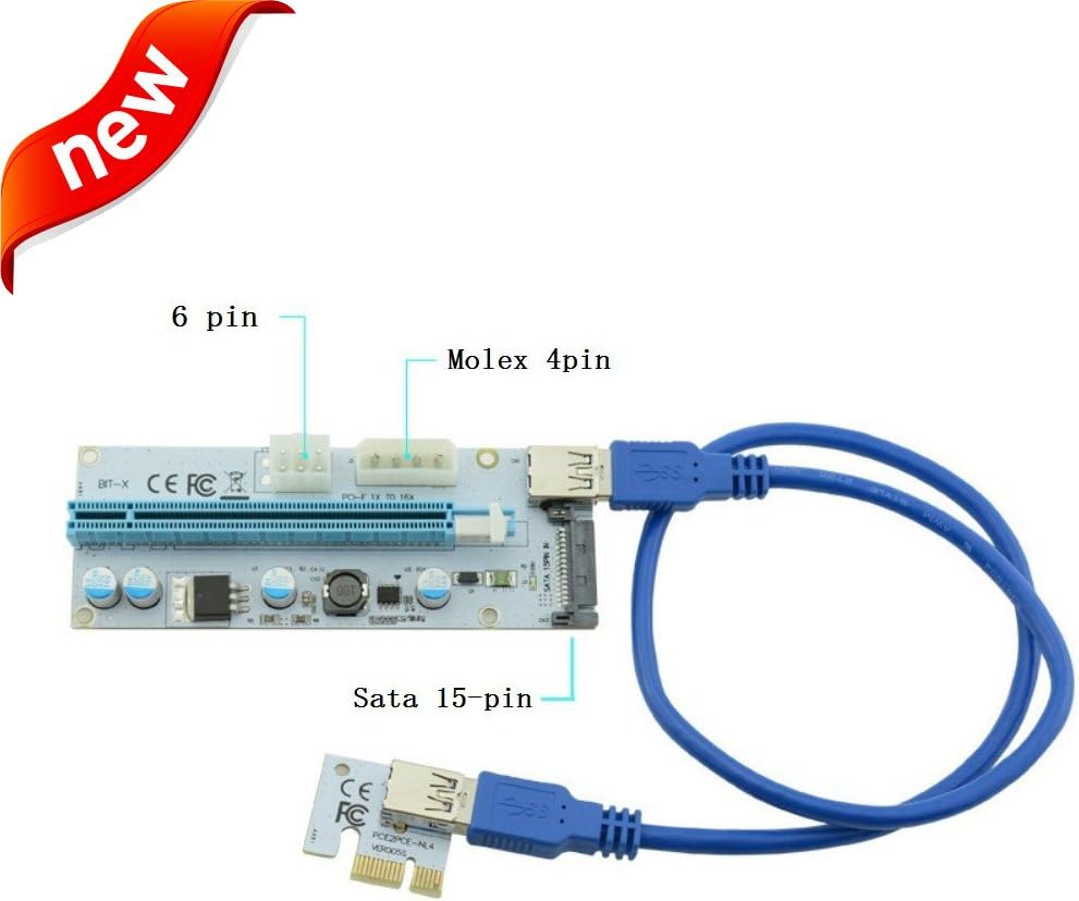 LONGXI PCI-E PCI 1x to 16x PCIE USB 3.0 Express Riser Card GPU Graphic Card Crypto Currency Mining（PCIE 6Pin + Molex 4pin + sata 15pin power supply） 3 kinds of interface power supply