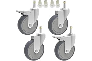RILIDRI 4-Inch Swivel Stem Caster, 7/16-Inch Stem Diameter Rubber Wheel, Heavy Duty TPR Replacement Wheels for Rubbermaid Mop Bucket Cart Grill Casters - 4 Pack (2 Brakes 2 Swivel)