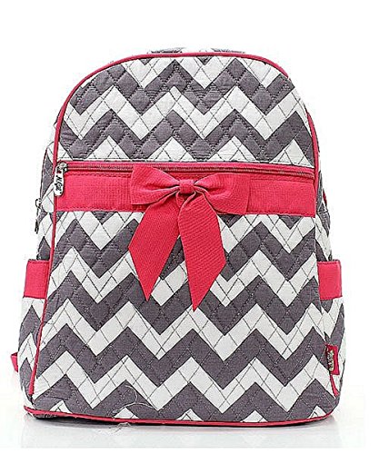 Chevron Stripe Quilted Backpack Handbag with Bow Accent Hot Pink & Grey