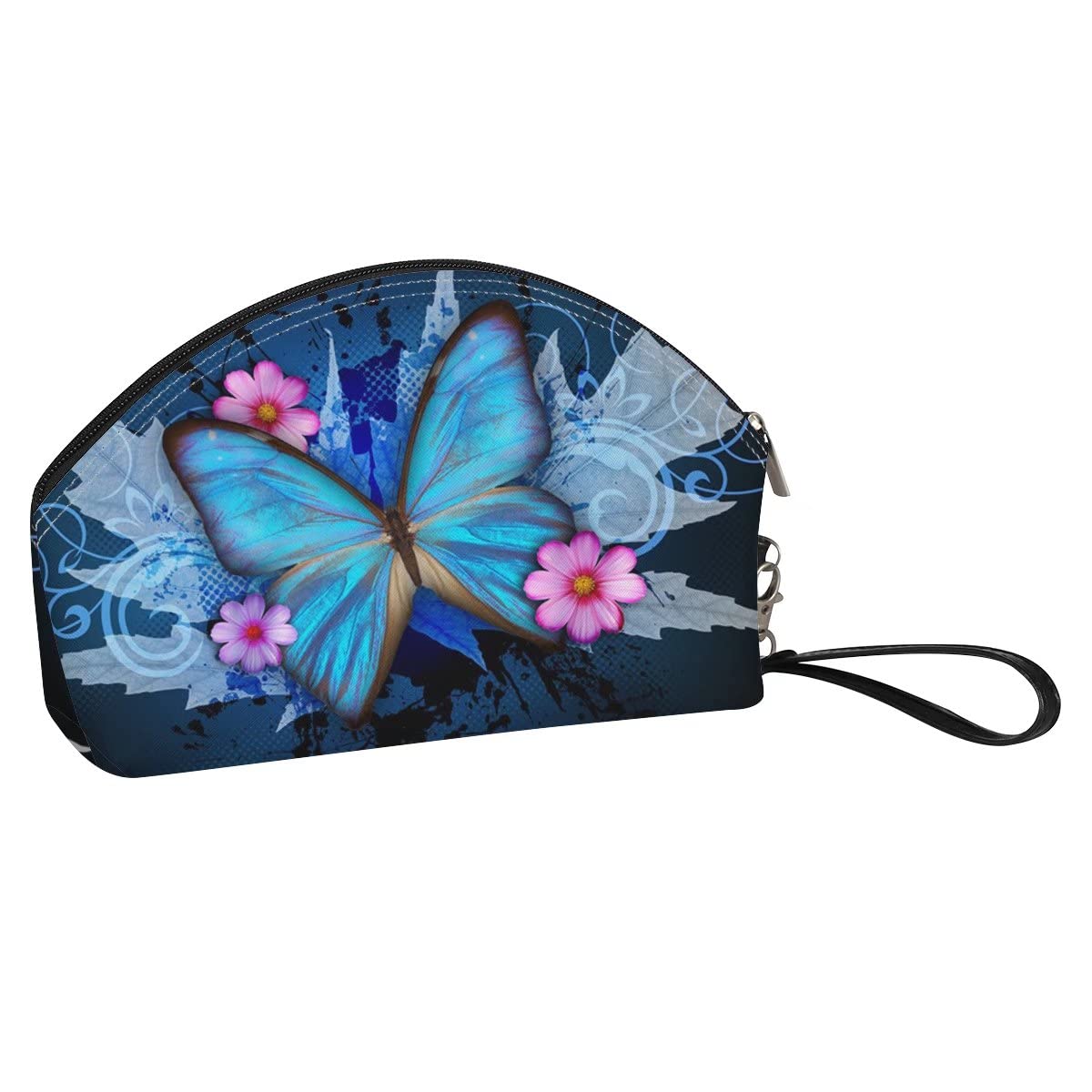 chaqlin Blue Butterflies Cosmetic Bags for Women,PU Leather Travel Brush Pouch Toiletry Wash Bag Half Moon Make up Bags Portable Coin Purse with Wrist Strap