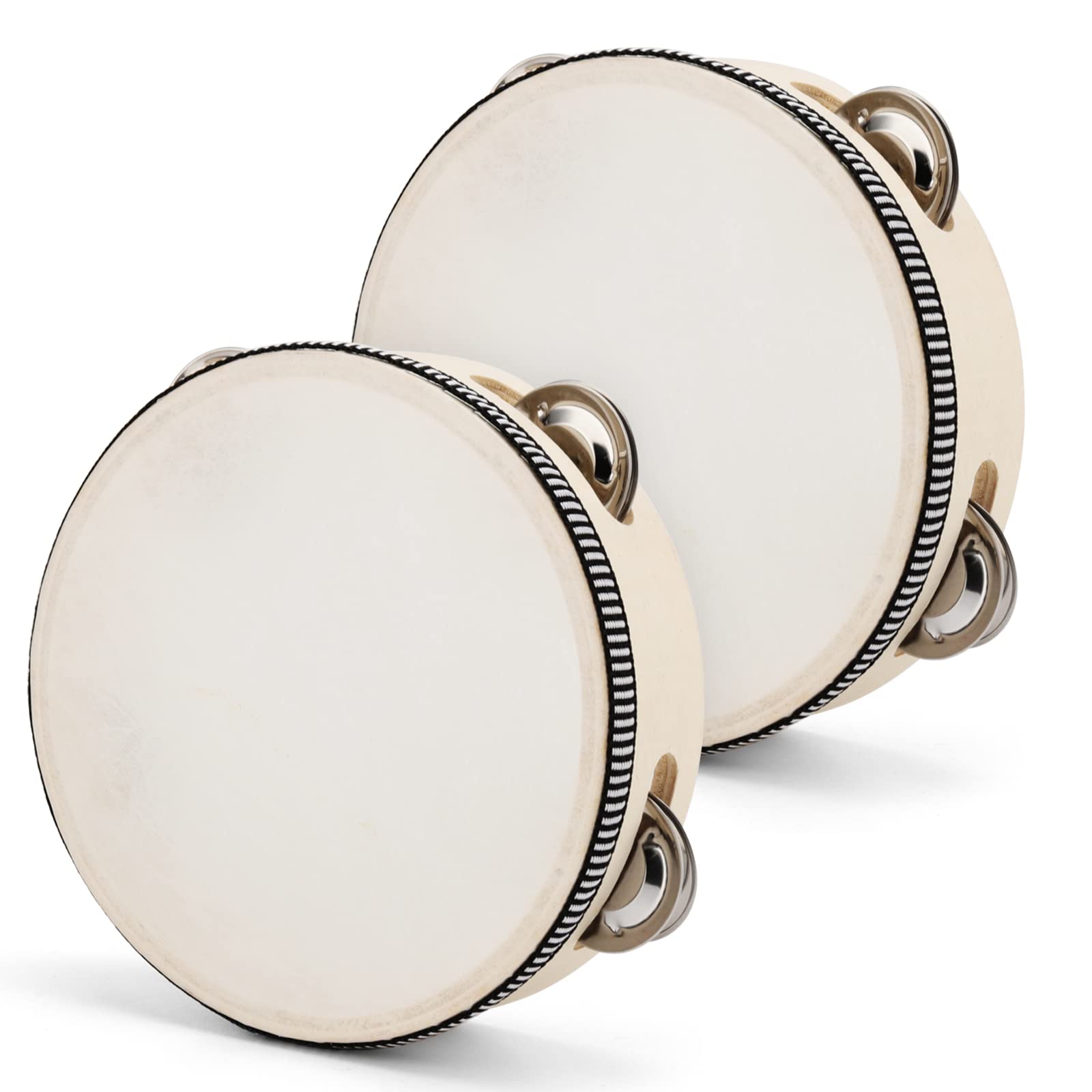 KOHAND 2 PCS 6 Inch Wood Tambourine with 4 Pairs Jingles Hand Held Drum Bell Percussion Round Tambourine Musical Instrument for Party, Band, Celebration