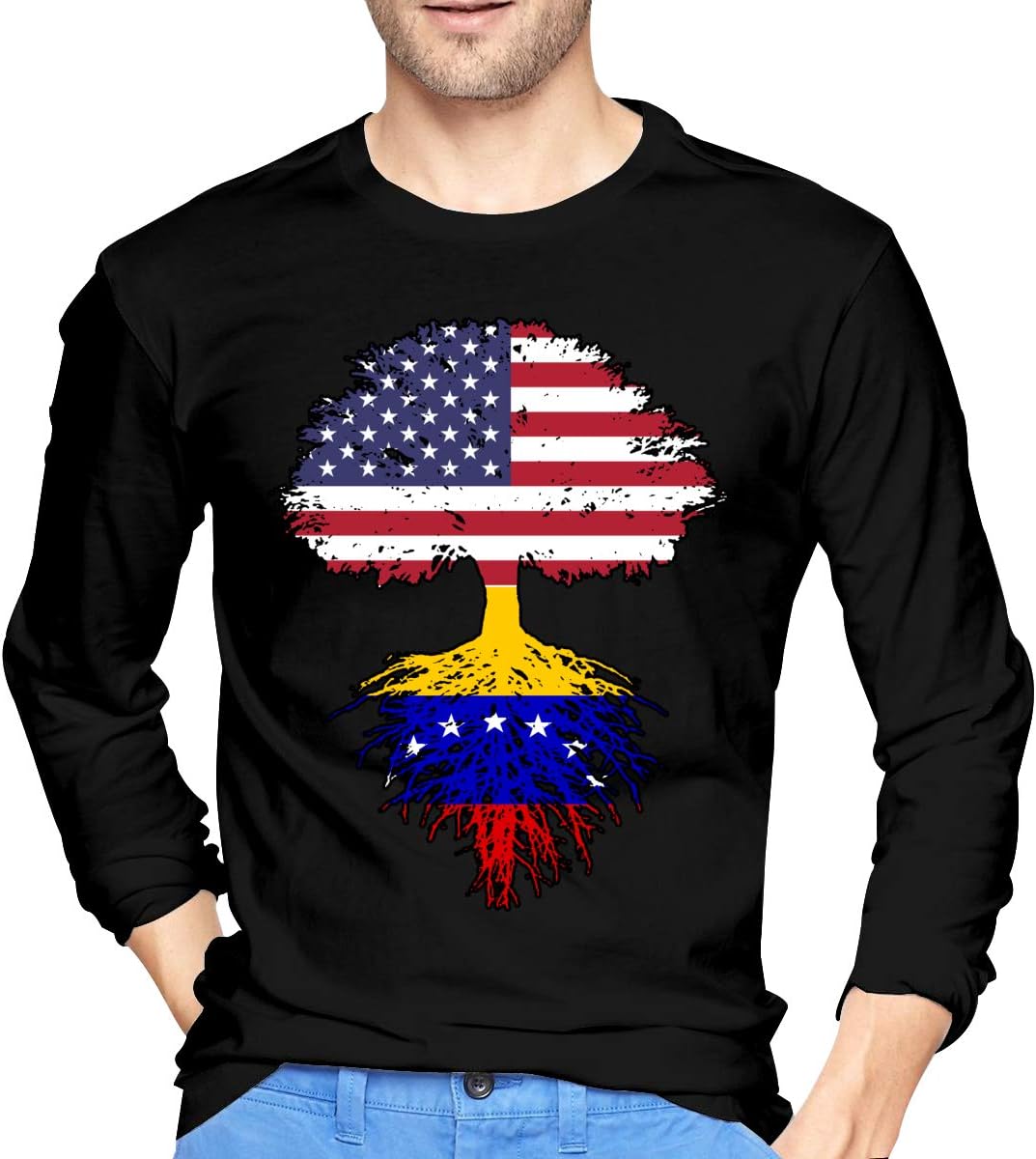 Venezuela American Flag Tree of Life Men's Long-Sleeve Shirts Cotton Jogging Tops
