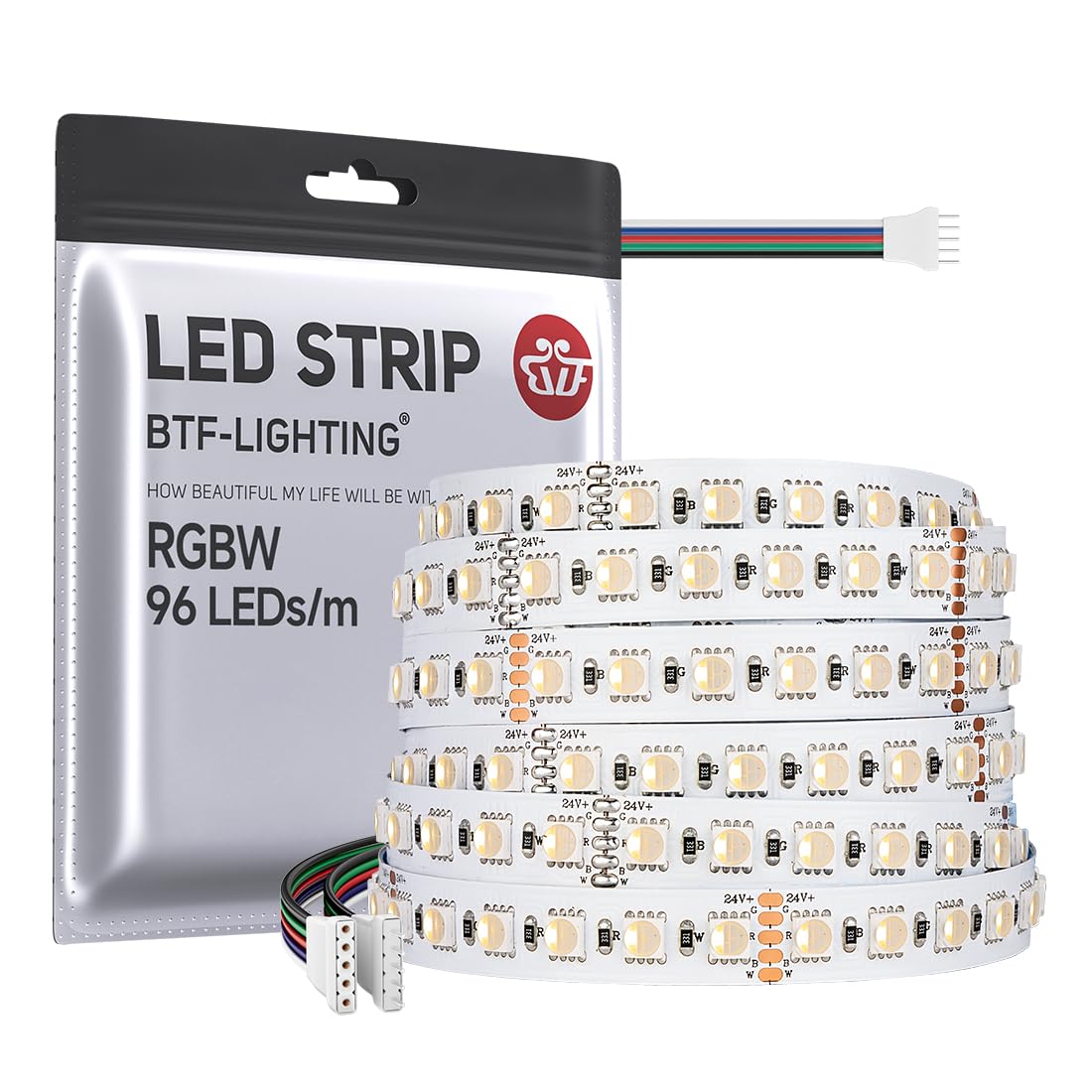 BTF-LIGHTING RGBWW LED Strip 5050SMD RGBW 4IN1 LED Tape RGB+Warm White(2700-3000K) 24V 5M 96LEDs/m 480LEDs White PCB IP30 NOT Waterproof for Indoor Lighting (Only LED Strip)