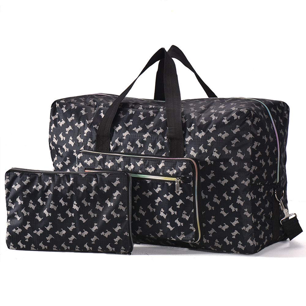 Arxus Large Foldable Duffel Tote Carry on Weekend Overnight Travel Bag Over Luggage with Shoulder Strap (Black Dog)