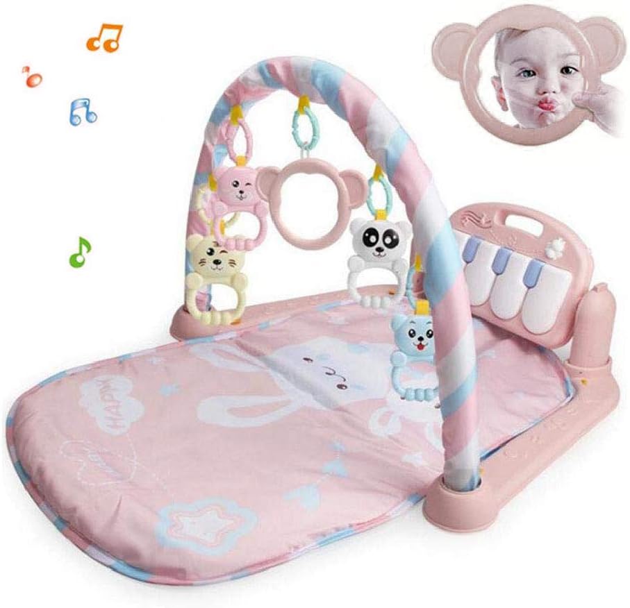 lesgos Gym Mat for Baby, Infant Activity Fitness Play Mat with Piano Mirror and Hanging Rattle Toys, Cartoon Cradle Toy Musical Development Playmat for Girl and Boy 0-36 Month
