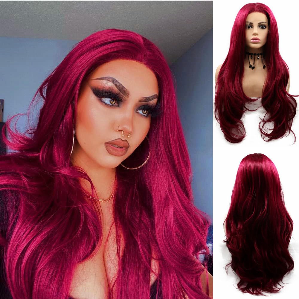 SereneWig Ladies Dark Red Synthetic Lace Front Wigs for Women Cosplay Party Replacement Mermaid Red Real Natural Red Color Long Wavy Synthetic Hair Drag Queen Wigs 24"