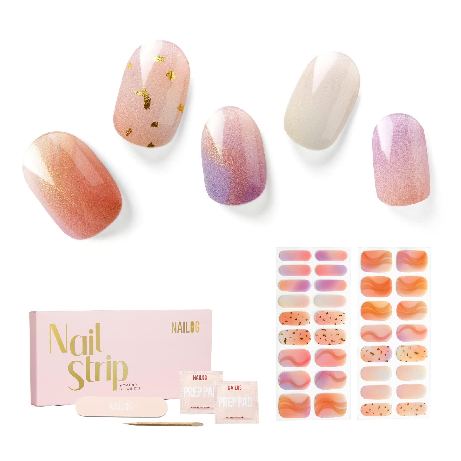 NAILOG Semi Cured Gel Nail Strips, 34 pcs Salon-Quality Gel Nail Stickers, Long Lasting Ombre Nail Wraps for Women with Soft Gel Finish, Twilight