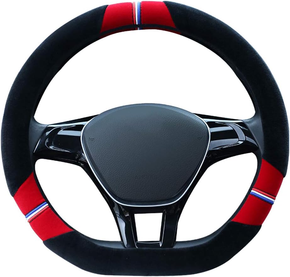 GAOQQ Plush Steering Wheel Cover, D-Type Car Special Five-Color Series to Send Gear Set + Hand Brake Cover,Red-38CM