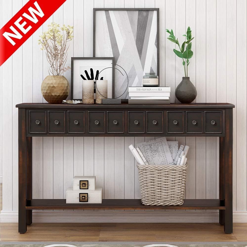 DANGRUUT Elegant 60" Console Table, Hallway Sofa Entryway Table with 4 Exquisite Drawers and Storage Shelf for Living Room, Retro Thicken Solid Wood Side Cabinet (Espresso)