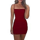 Mizoci Women's Sexy Sleeveless Ruched Spaghetti Strap Bodycon Mini Club Party Dress