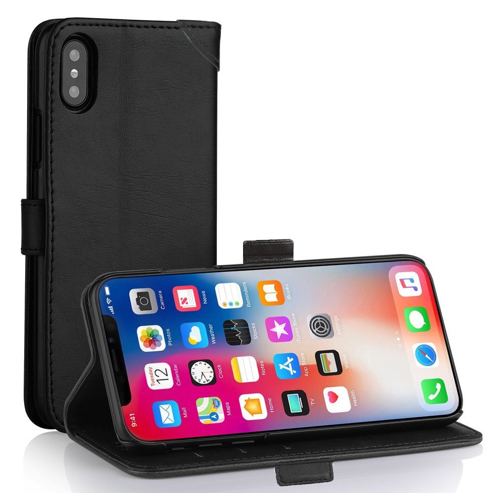 iPhone X Leather Wallet Case, ALBK Powerful Magnetic Detachable Case, Luxury Handmade Full Grain Leather Folding Flip Case with ID&Card Holder Slot for iPhone X 5.8 inch -Black