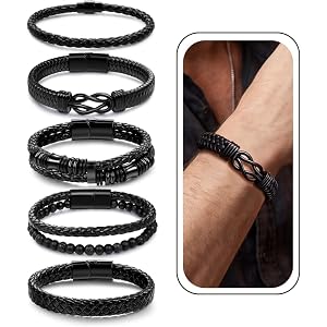 LOREMOW Leather Bracelet for Men 5PCS Cuff Leathers Braided Bracelets With Stainless Steel Clasp Infinity Knot Lava Stone Bea