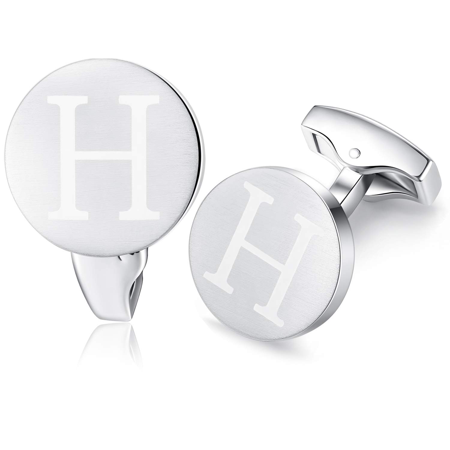 HONEY BEAR Initial Alphabet Letter Cufflinks for Men, Brushed Silver Round Shape Stainless Steel Wedding Business Cufflinks, A - Z (H)