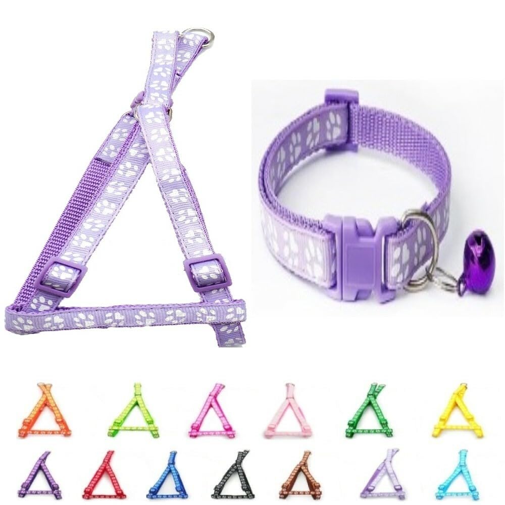 Small Dog Puppy Pet Collar and Harness Set Pawprint Design Nylon Adjustable Neck Size 19-32cm and Chest Size 21-34cm Light Purple
