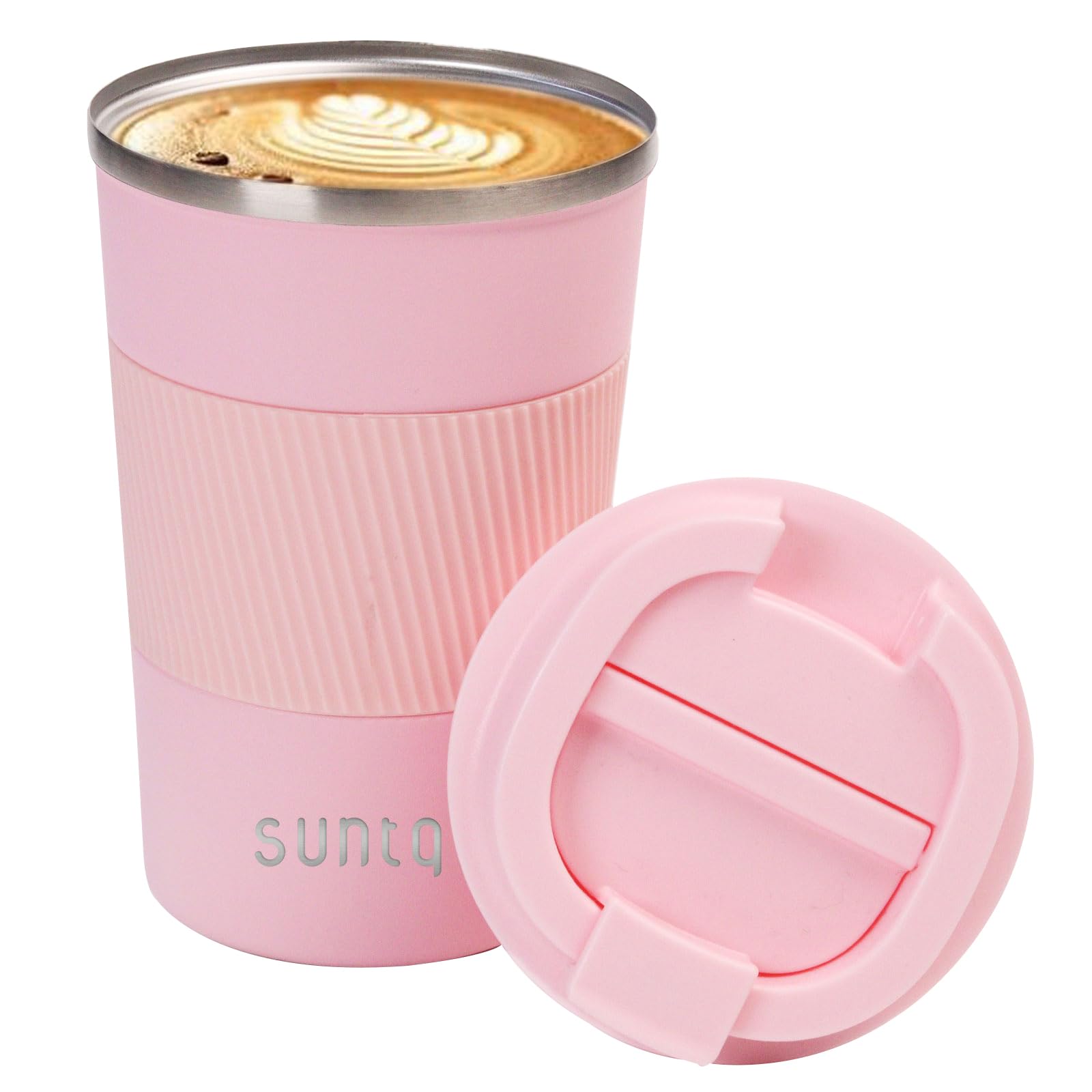SUNTQ Reusable Coffee Cups Travel - Coffee Travel Mug with Leakproof Lid - Thermal Mug Insulated Cup - Stainless Steel Travel Cup with Rubber Grip - for Hot and Cold Drinks, 13oz/380ml Pink