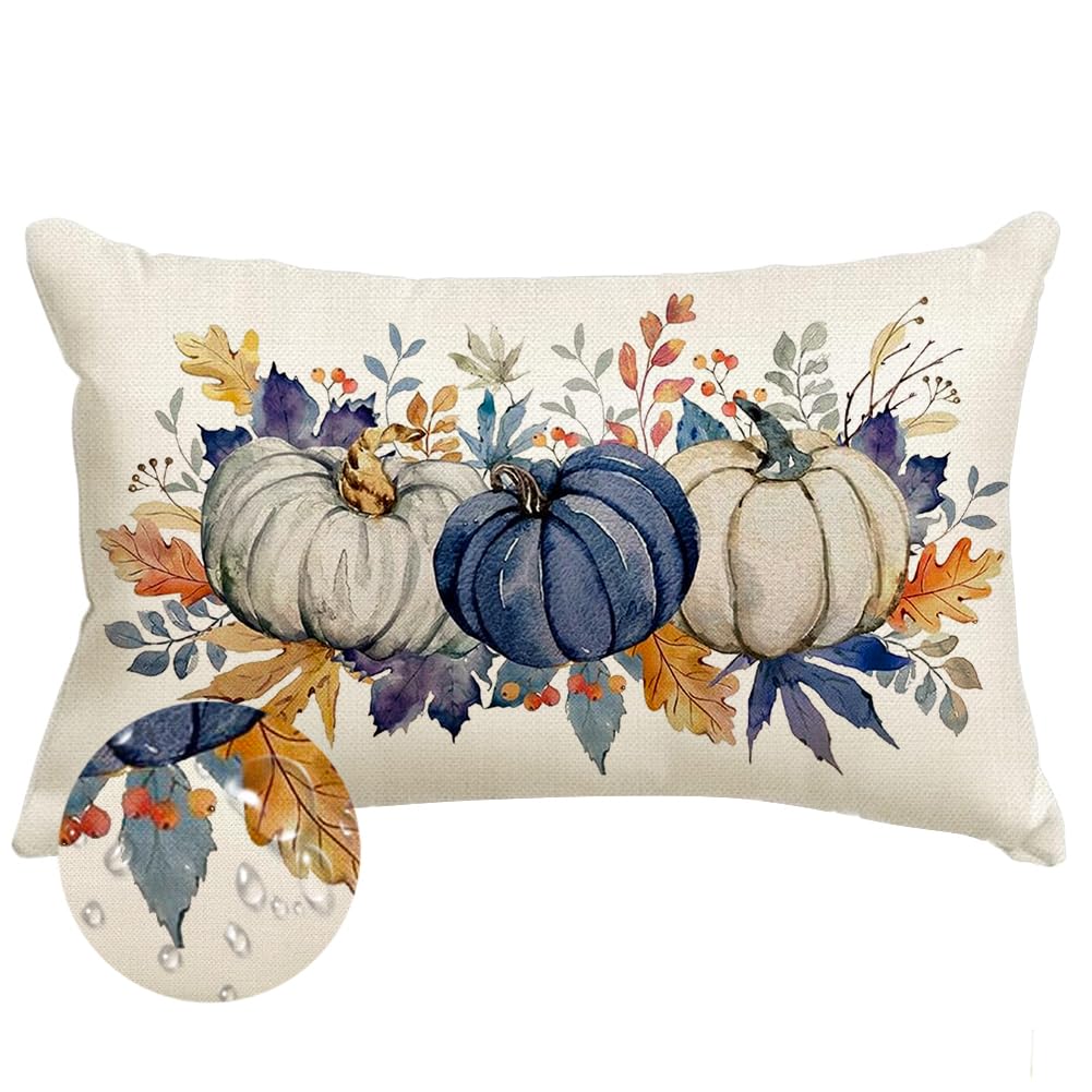 Photo 1 of RABUSOFA Fall Pillow Covers 12x20 Inch Outdoor Waterproof Thanksgiving Autumn Dark Blue White Pumpkin Maple Leaf Lumbar Harvest Cushion Cases Seasonal Fall Decorations for Home Couch