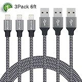 Xcords(TM) 3Pack 6FT Nylon Braided Lightning to USB Syncing and Charging Cable Data Cord Compatible with iPhone 7/ 7 Plus/ 6/ 6 Plus/ 6s/ 6s Plus/ 5/ 5s/ 5c/ SE/ iPad /iPod and More(black&charcoal)