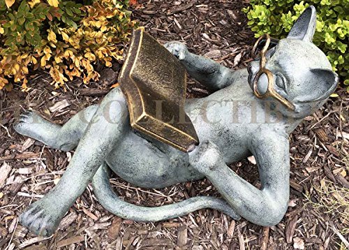 Outdoor Garden Patio Bookworm Feline Cat With Glasses Reading Book Tanning Under The Sun Statue Lawn Ornament Decor