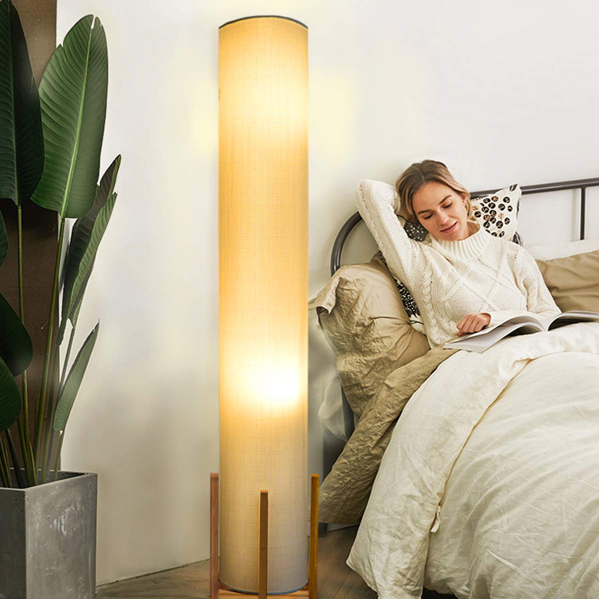 Floor lamp Wello Led Torchiere Floor lamp For Living Room - Tall Standing Lamp For Bedrooms office - Dimmable Modern Floor lamps – Asian Nature Bamboo Frame, Fabric Shade Light- White