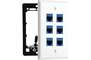 DIYTECH 6 Port Ethernet Wall Plate, Cat 6, Wall Outlet, RJ45 Female to Female Keystone Jacks - White