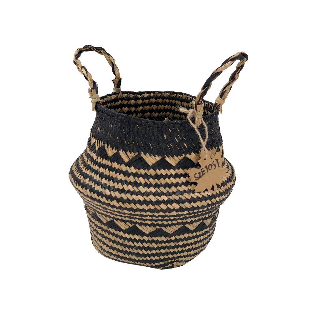 SZETOSY Natural Seagrass Basket - GOODCHANCEUK Seagrass Belly Basket Hand Woven Storage Basket With Handle Toys Laundry Basket Flower Planter Retro Nation Style#1 22CMx20CM