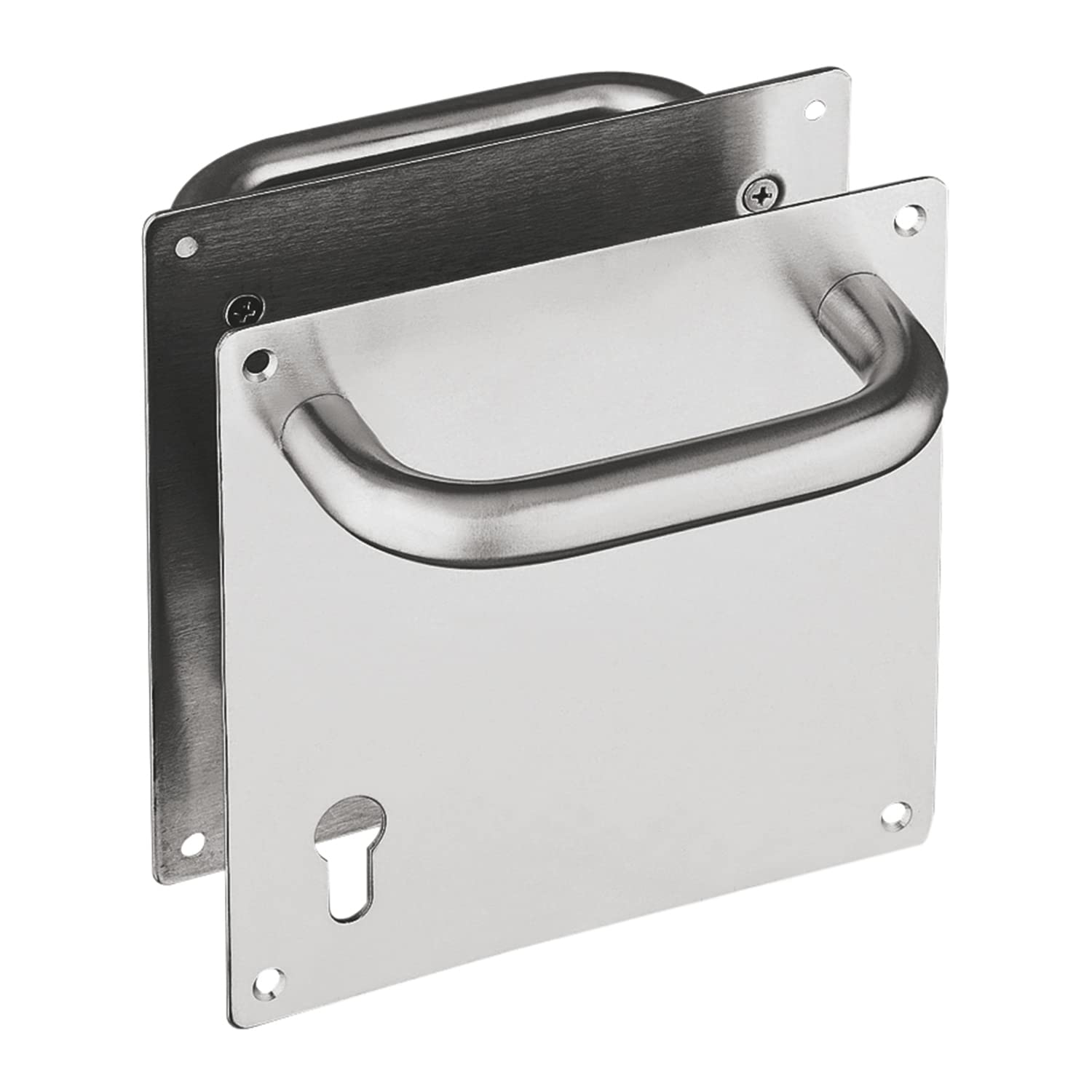 Amig, Set of Handlebars Mod.2 with Plate and Socket in 18/8 Stainless Steel, for Passage or Indoor or Outdoor Entrance, Handle: Ø19 x 151 mm, Plate: 180 x 7.087 in, Silver