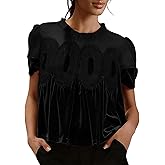 Women's Velvet Lace Babydoll Tops Casual Round Neck Short Sleeve Flared Swing Blouse Elegant Pleated Loose Fit Shirts
