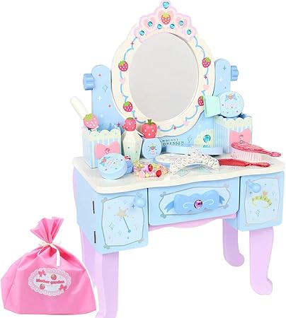 Amazon マザーガーデン 木のおままごと 木製 野いちご ティアラ ドレッサー ブルー ギフト袋s 小物13点 女の子 おもちゃ お化粧セット コスメ アクセサリー ティアラ付き 猫脚 ままごと ごっこ遊び おもちゃ