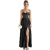 TOOWOOT Pleated Satin Bridesmaid Dresses with Slit Spaghetti Strap Long Formal Wedding Guest Dresses for Women
