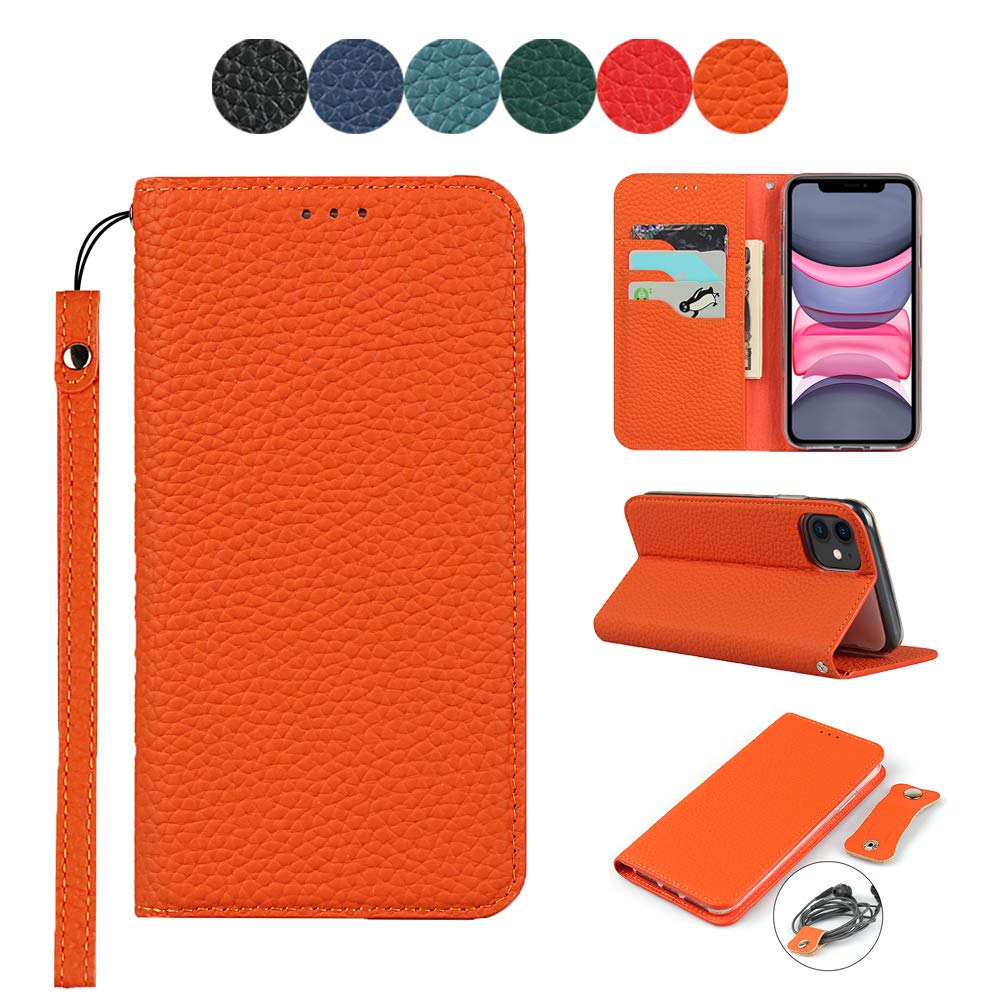 SailorTech Wallet Case for iPhone 11, Luxury Litchi Grain Genuine Leather Case with Wrist Strap Headphone Storage Belt Folio Flip Phone Case with RFID Blocking Card Holder Kickstand Orange