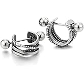 Vintage Stainless Steel Half Braided Circle Huggie Hinged Hoop Earrings for Men Women, 2pcs