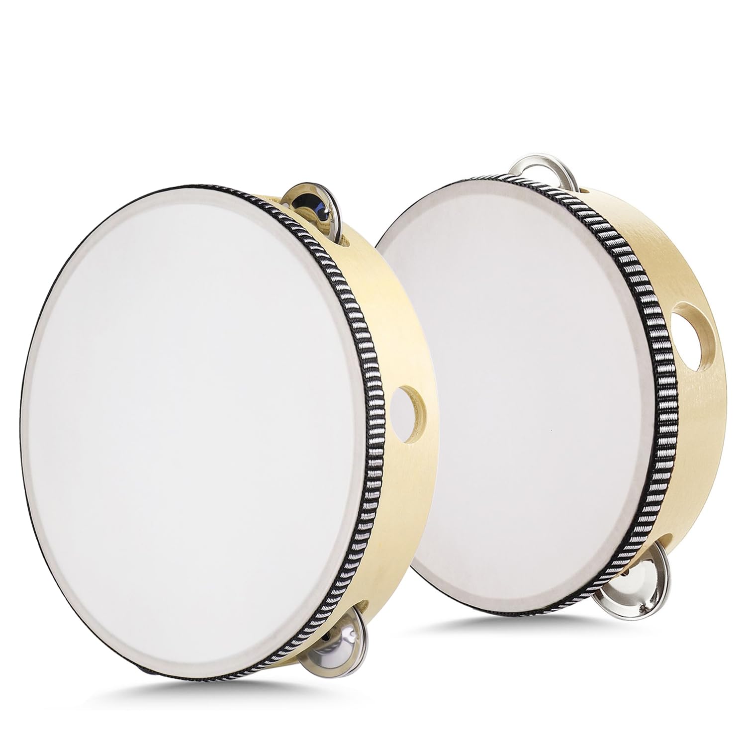 Flexzion Wood Handheld Tambourines - 8 and 6 Inch Set of 2 Pack, with Single Row Metal Jingle Bell (Wood) Hand Held Tambourine Percussion Drum Moon Musical Instrument