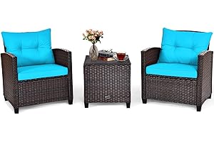 Tangkula 3 Pieces Patio Furniture Set, PE Rattan Wicker 3 Pcs Outdoor Sofa Set w/Washable Cushion and Tempered Glass Tabletop