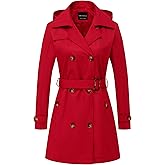 CREATMO US Women's Trench Coat Double-Breasted Classic Lapel Overcoat Belted Slim Outerwear Coat with Detachable Hood