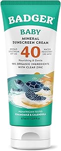 Badger Mineral Baby Sunscreen Cream SPF 40, 98% Organic Toddler Sunscreen with Zinc Oxide, Broad Spectrum, Reef Safe, Water R