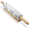 Greenco Hand Crafted Nonstick Marble Rolling Pin with Wood Handles on Wooden Board Resting Base | Dough, Pastry, Bread, Torti