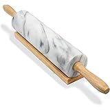 Greenco Hand Crafted Nonstick Marble Rolling Pin with Wood Handles on Wooden Board Resting Base | Dough, Pastry, Bread, Torti