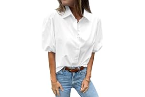 LAYOGAS Womens Short Puff Sleeve Tops V Neck Collared Button Down Shirt Dressy Casual Blouses