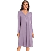 GYS Bamboo Viscose Women's Nightgowns Long Sleeve Lace V Neck Night Shirts for Sleeping