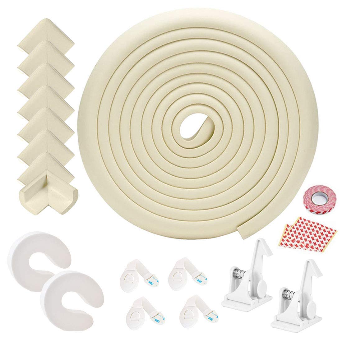 Baby Corner Guards, Fairy Baby 17Pcs Baby Proofing Kit Child Safety 1 Edge Protection 19.68 ft + 8 Corner Protectors +2 Cabinet Latch Locks + 4 Cabinet Strap Locks+ 2 Door Stopper Guards — image 1