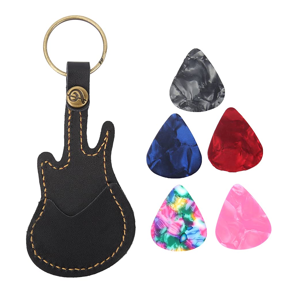 Joyzan Guitar Plectrums Bag, Pick Holder Case Leather Picks Keychain Miniature Keyring Portable Bag Brass Storage Sleeve Organizer Plectrum Printing Container Speaker Box Pouch Guitarist Headstock